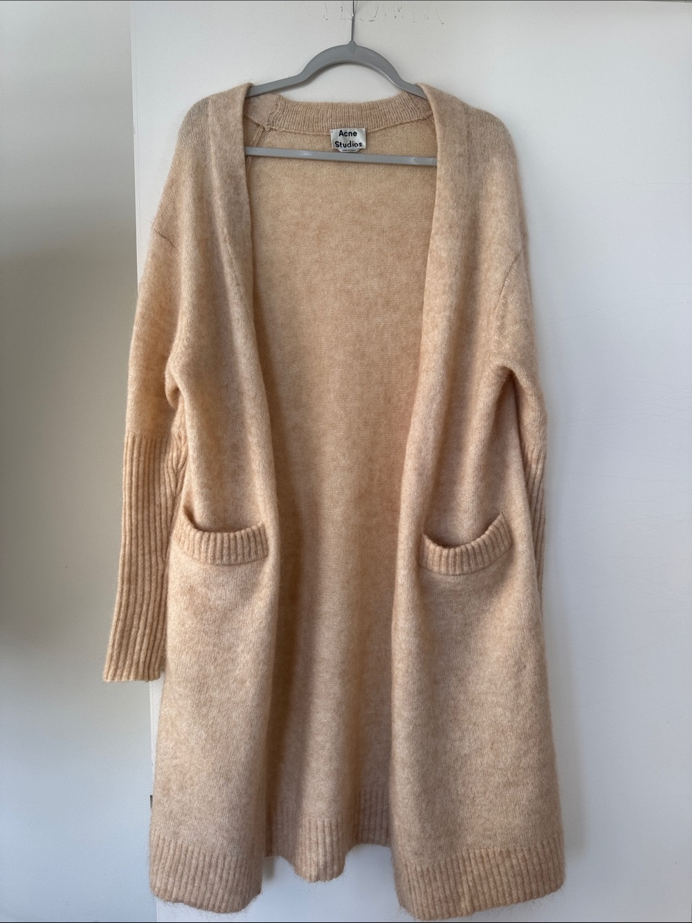 ACNE RAYA Soft Beige Open-Front Long Cardigan